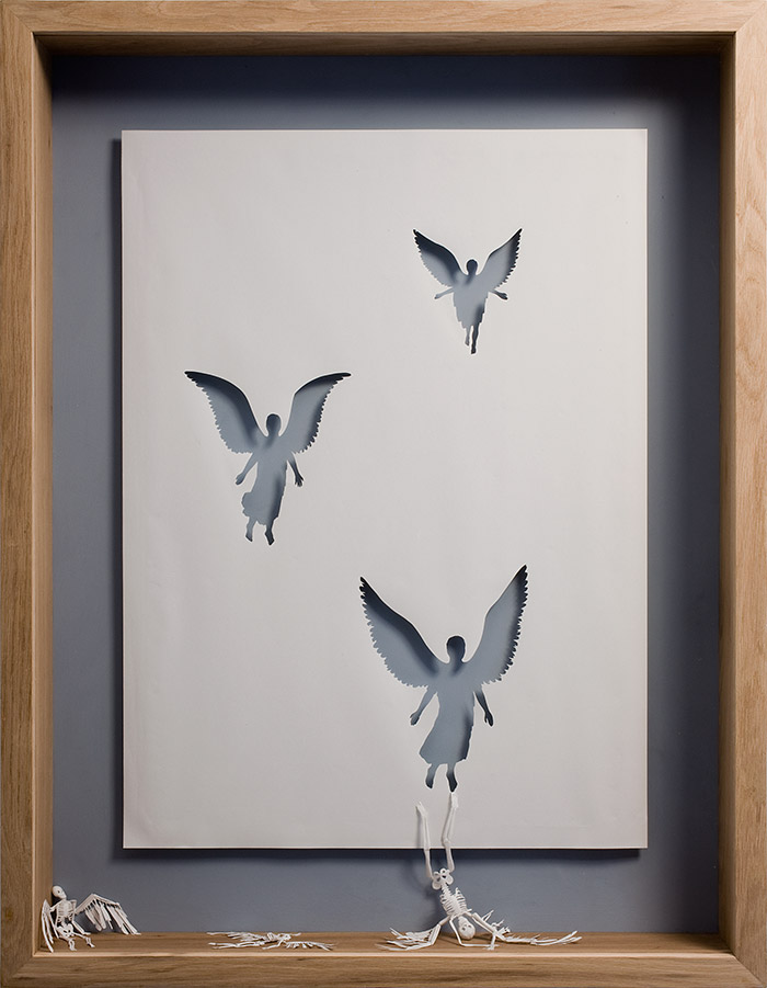 Dead Angels, 2007  Acid Free paper, glue, acrylic paint, and oak frame. 127 x 94 x 11,5 cm.