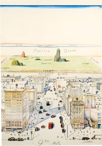 View of the World from 9th Avenue, 1976. Ink, pencil, colored pencil, and watercolor on paper, 28 x 19". Cover drawing for The New Yorker, March 29, 1976. Private collection.